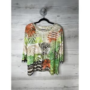 Alfred Dunner Shirt Womens Petite XL Tropical Animal Print 3/4 Sleeve Studded